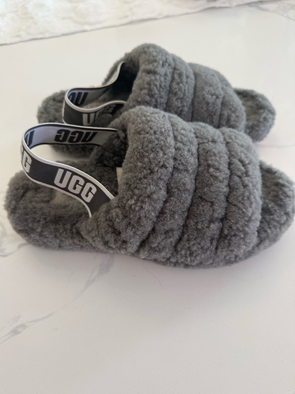 UGG Fluff Yeah Slide Gray Shearling Logo Strap Slippers